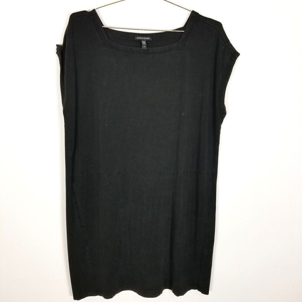 Eileen Fisher Women Tencel Tunic Dress Size L Black Short Sleeve Lagenlook